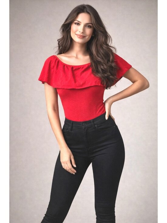 Forever 21 Tops - Forever 21 Size 2X Red Off Shoulder Ruffle Bodysuit Bodycon Party Girl Aesthetic